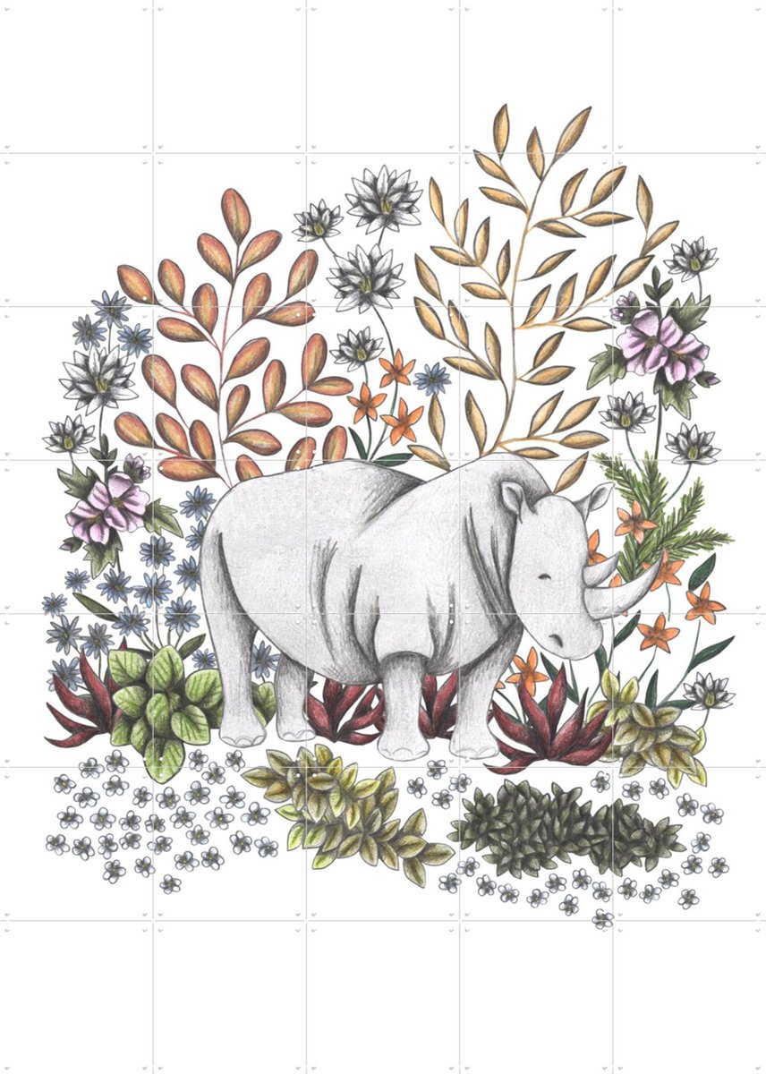 IXXI Safari Rhino, Cecilia Battaini - 100 x 140 cm - Gratis ophangtool - Grote wanddecoratie en posters - Illustraties, Fantasierijk, Kinderkamer