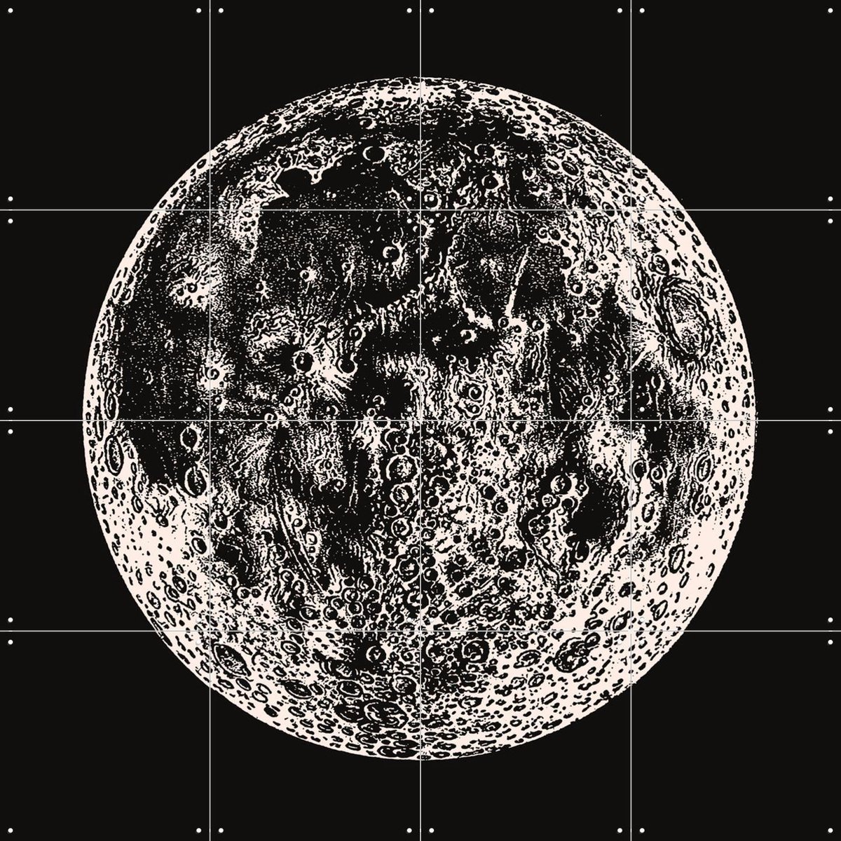 IXXI Moon Big Vintage, Aster Edition - 80 x 80 cm - Gratis ophangtool - Grote wanddecoratie en posters - Illustraties, Houtsnede, Vintage, Woonkamer