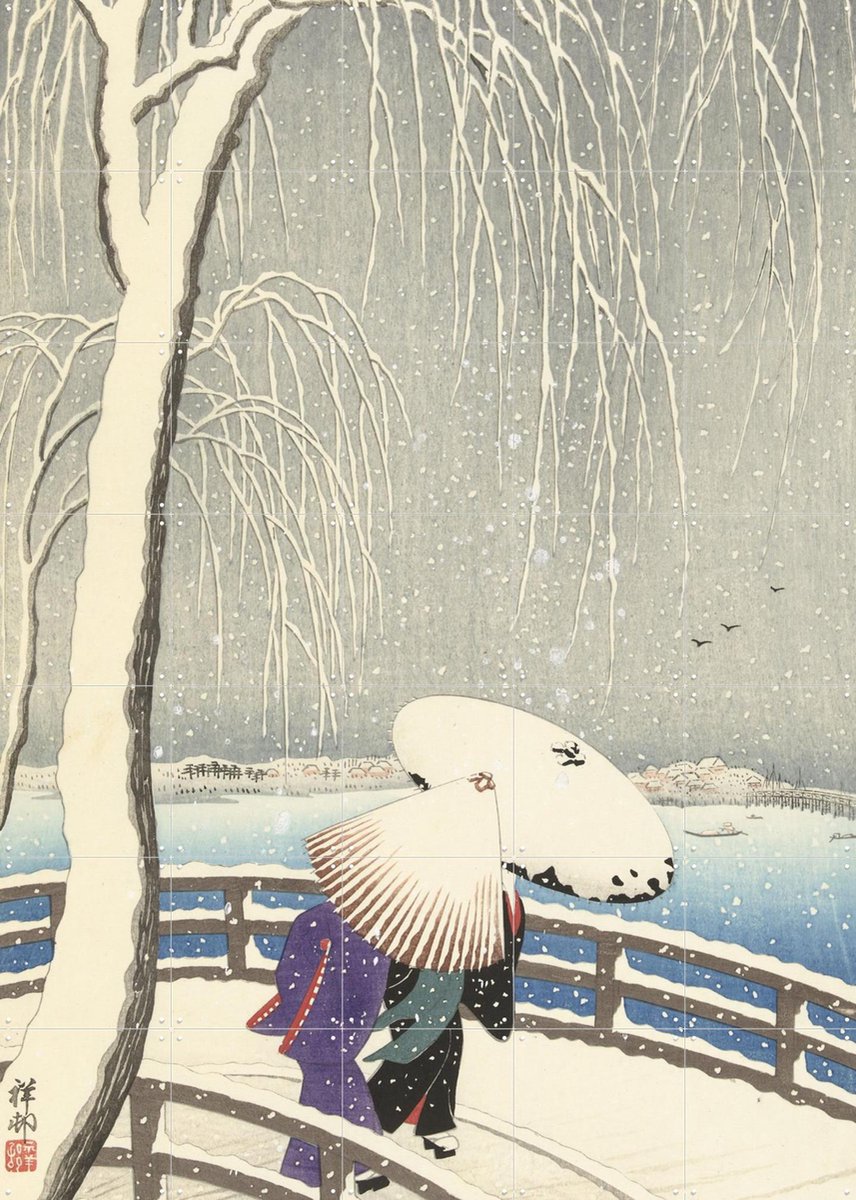 IXXI In the Snow on Yanagibashi, Ohara Koson & Rijksmuseum - 100 x 140 cm - Gratis ophangtool - Grote wanddecoratie en posters - Houtsnede, Ukiyo-e