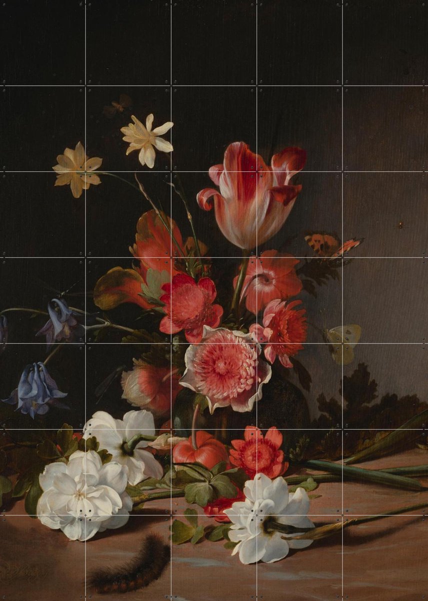 IXXI Stilleven met een boeket in wording, Dirck de Bray & Mauritshuis - 100 x 140 cm - Gratis ophangtool - Grote wanddecoratie en posters - Olieverf