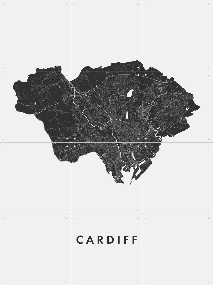 IXXI Cardiff City Map, Kunst in Kaart - 60 x 80 cm - Gratis ophangtool - Grote wanddecoratie en posters - Minimalisme, Technische Tekening, Grafisch