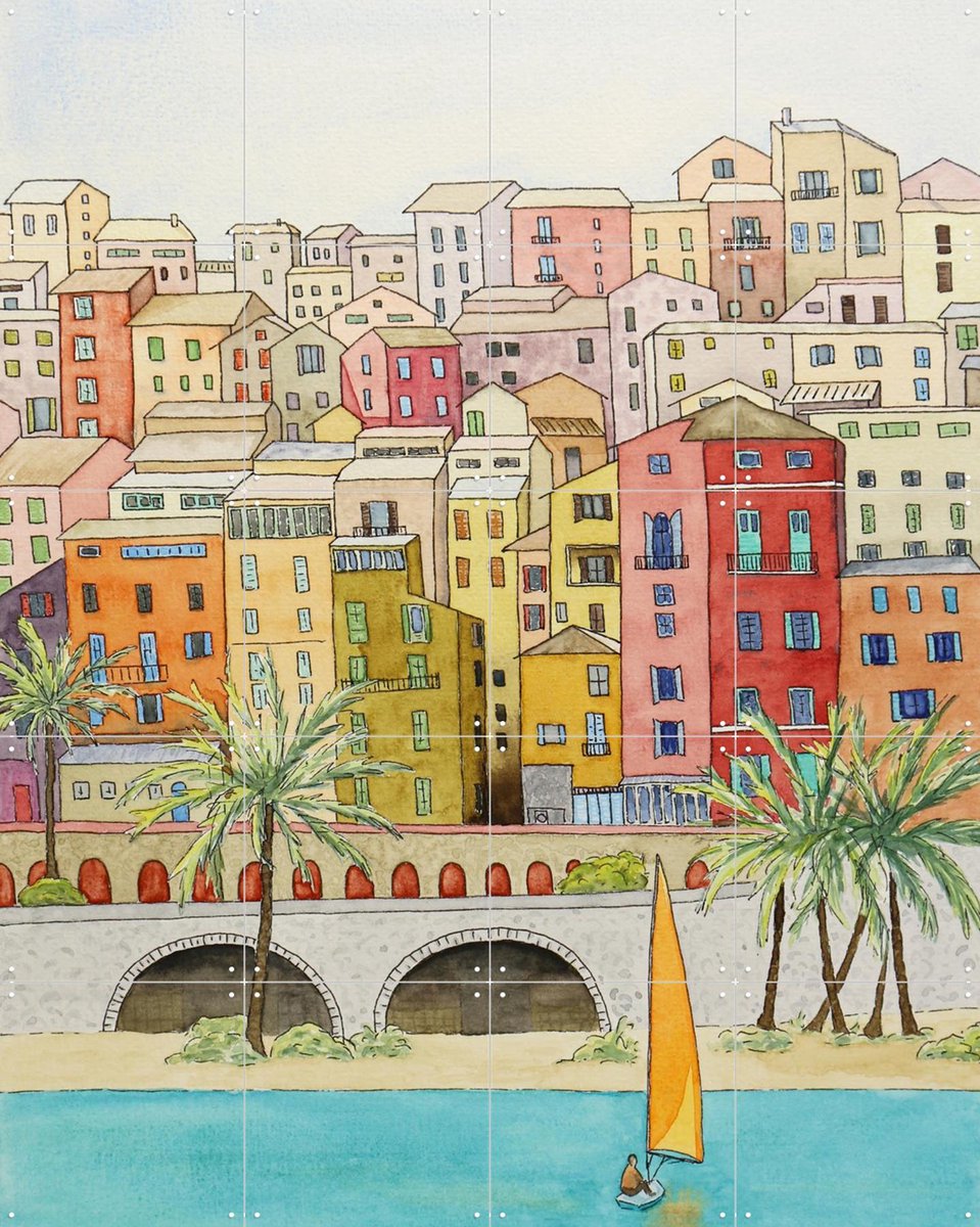 IXXI Sailing off the coast of a major city, Natalie Bruns - 80 x 100 cm - Gratis ophangtool - Grote wanddecoratie en posters - Illustraties, Speels