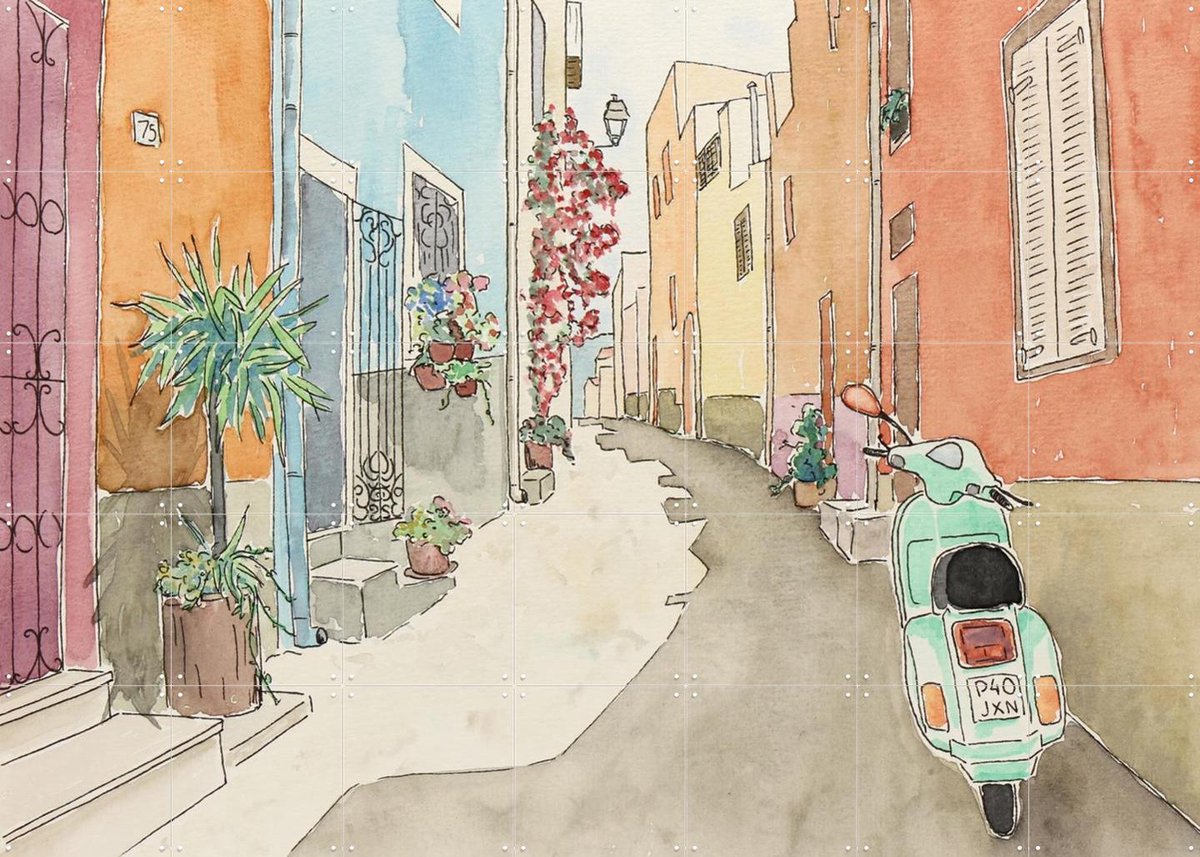 IXXI Scooter in Mediterranean Street, Natalie Bruns - 140 x 100 cm - Gratis ophangtool - Grote wanddecoratie en posters - Kleurrijk, Illustraties