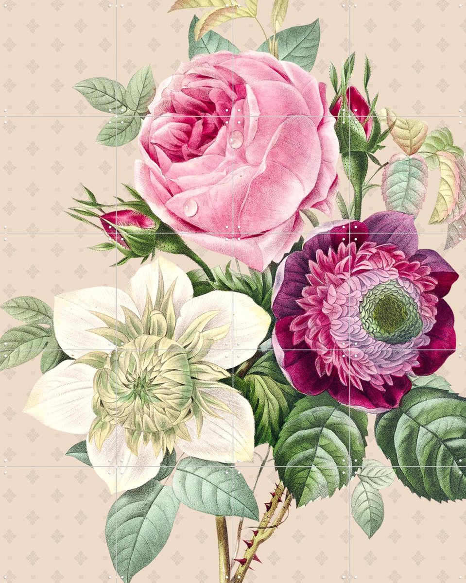IXXI Vintage Redoute Peonies and Roses II, Bloomery Decor - 80 x 100 cm - Gratis ophangtool - Grote wanddecoratie en posters - Naturalisme, Vintage