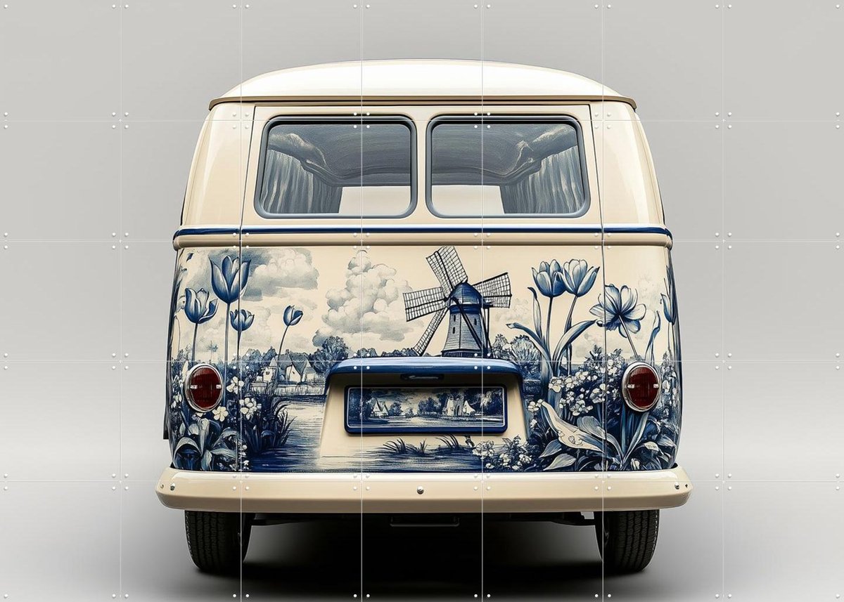 IXXI Delfts Blauwe VW Bus 2, Margriet Hulsker - 140 x 100 cm - Gratis ophangtool - Grote wanddecoratie en posters - Vintage, Illustraties, Woonkamer