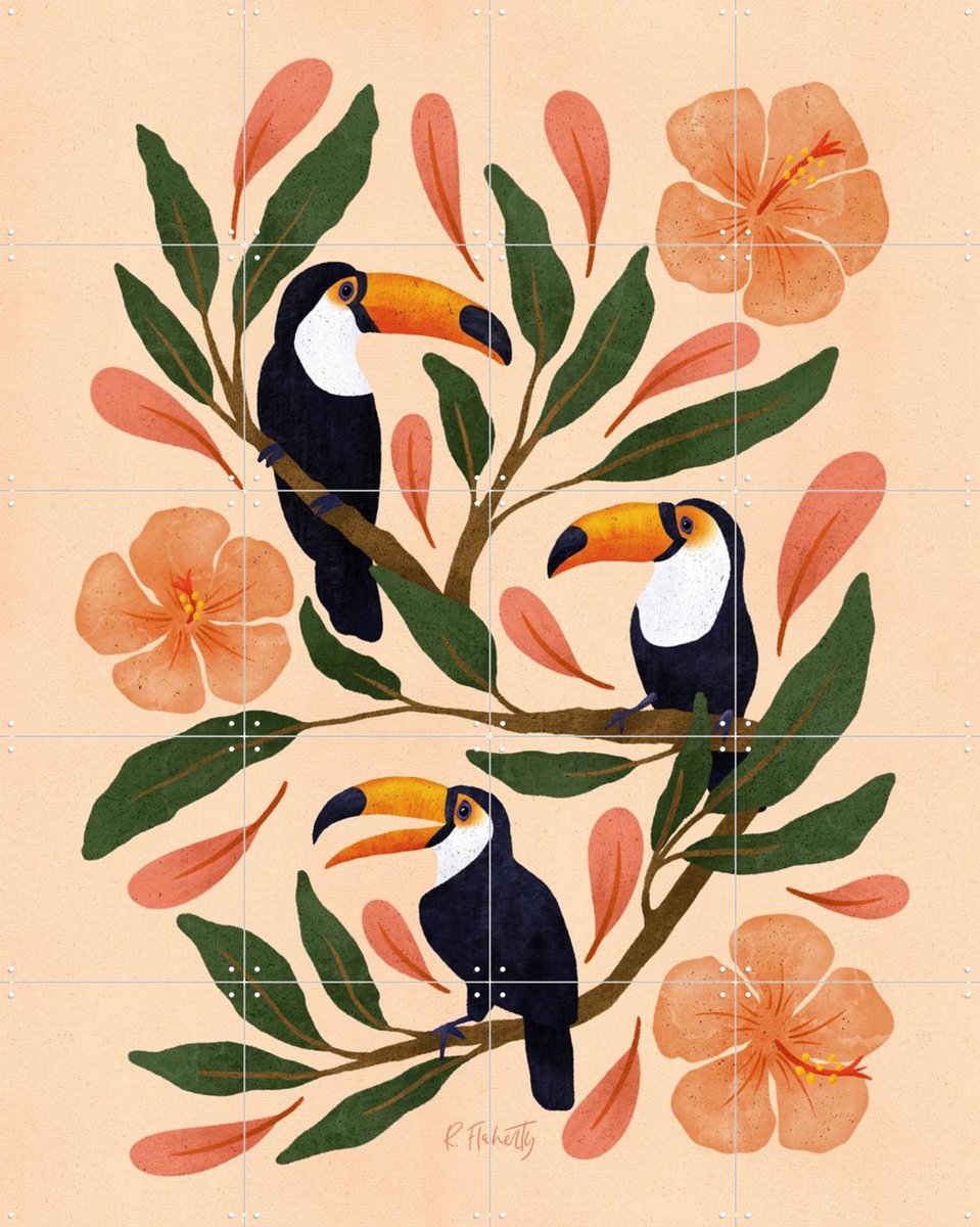 IXXI Toucans in the Hibiscus, Rebecca Flaherty - 80 x 100 cm - Gratis ophangtool - Grote wanddecoratie en posters - Kleurrijk, Speels, Illustraties