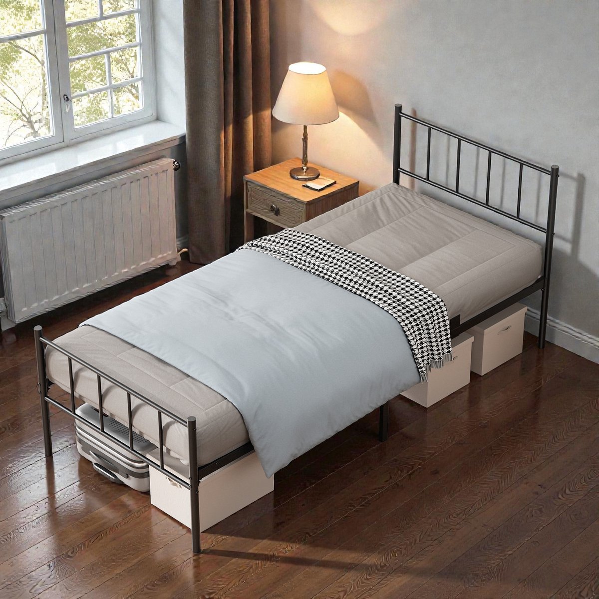 Lonheo® Bedframe - Metalen Bed - 90x200 cm - met Hoofdbord en Lattenbodem - Eenpersoonsbed - met 32 cm Opbergruimte - Heavy Duty - Stevig - Gemakkelijk te Monteren - Draagkracht 350 kg - Zwart