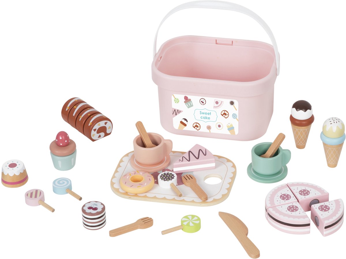 Houten Sweet Cake Speelset – 30+ Delige Taart & Dessert Set met IJsjes, Gebak, Kopjes & Accessoires – Inclusief Opbergemmer