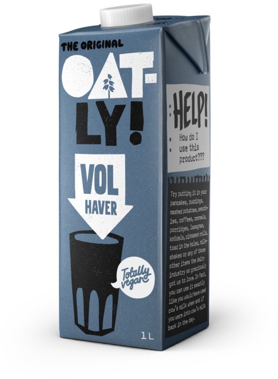 Blauwe kartonnen verpakking van Oatly haverdrank, met witte letters en een illustratie van een glas melk.