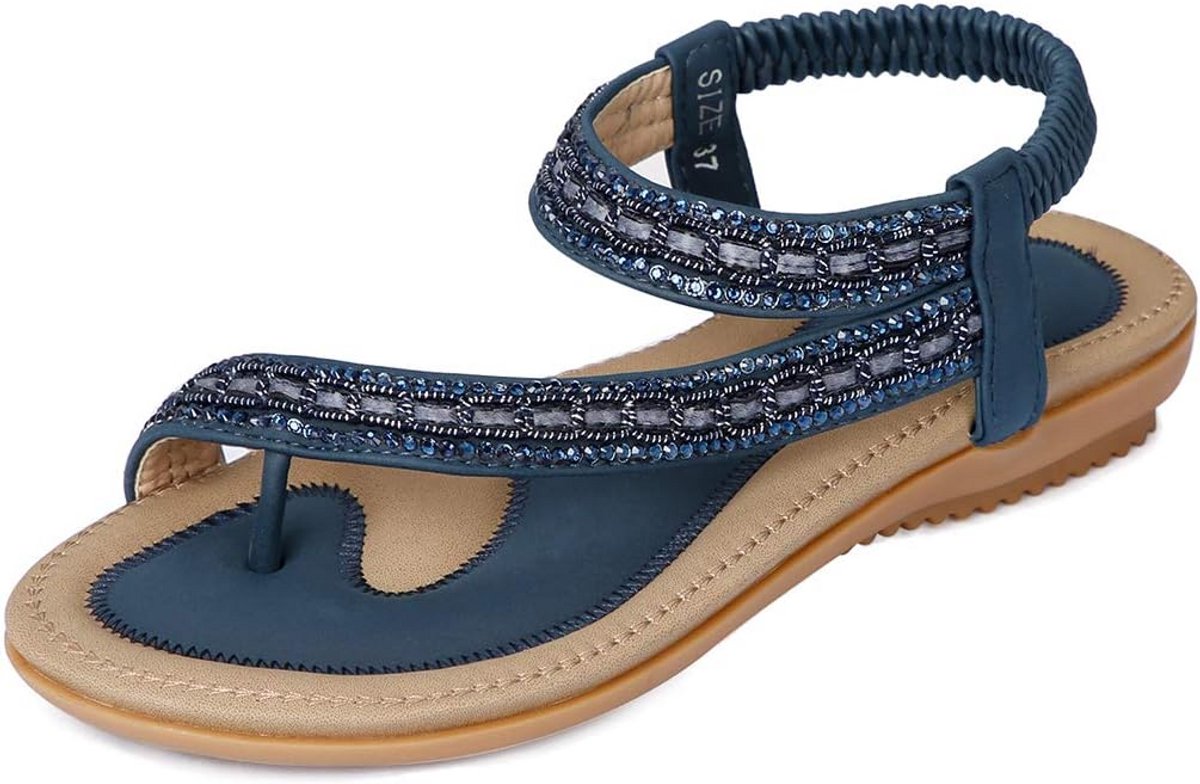 Dames Sandalen PU Leer Bohemian Strass Elastische Strandschoenen met Teenseparators Comfortabel