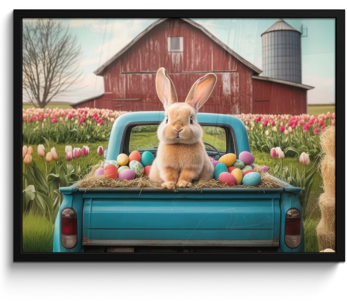 FrameYourWall Poster in lijst - Fotolijst 70x50 cm - Posters - Konijn - Boerderij - Eieren - Posterlijst zwart - Decoratie - Wanddecoratie woonkamer - Muurdecoratie slaapkamer