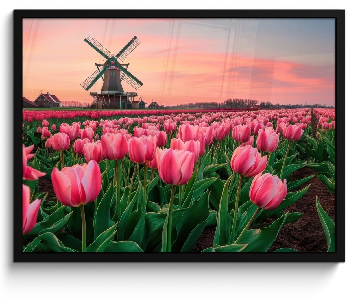 FrameYourWall Poster in lijst - Fotolijst 70x50 cm - Posters - Tulpen - Molen - Nederland - Posterlijst zwart - Decoratie - Wanddecoratie woonkamer - Muurdecoratie slaapkamer Tulpen - Bloemen