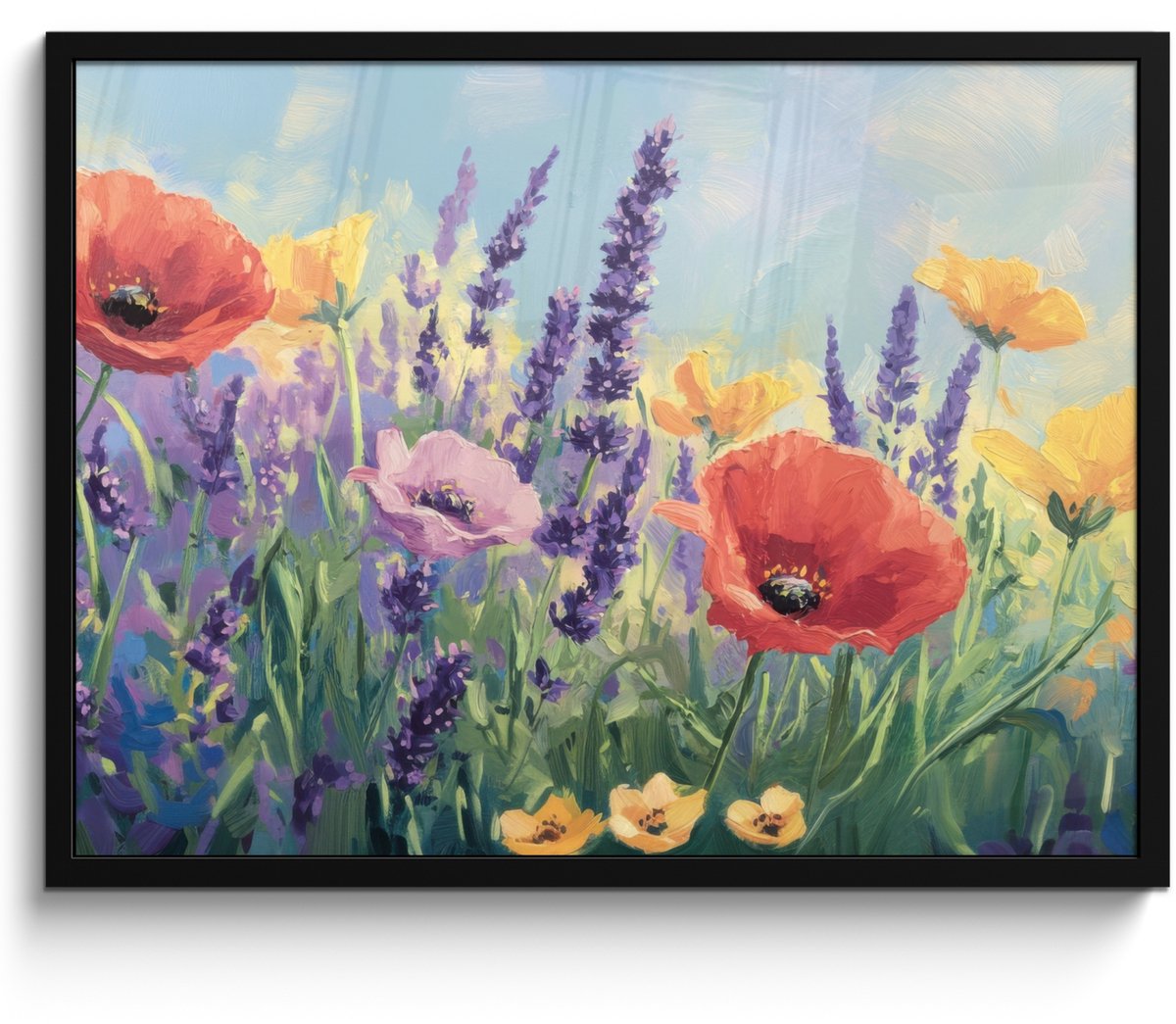 FrameYourWall Poster in lijst - Fotolijst 70x50 cm - Posters - Weide - Bloemen - Kleurrijk - Posterlijst zwart - Decoratie - Wanddecoratie woonkamer - Muurdecoratie slaapkamer Klaprozen