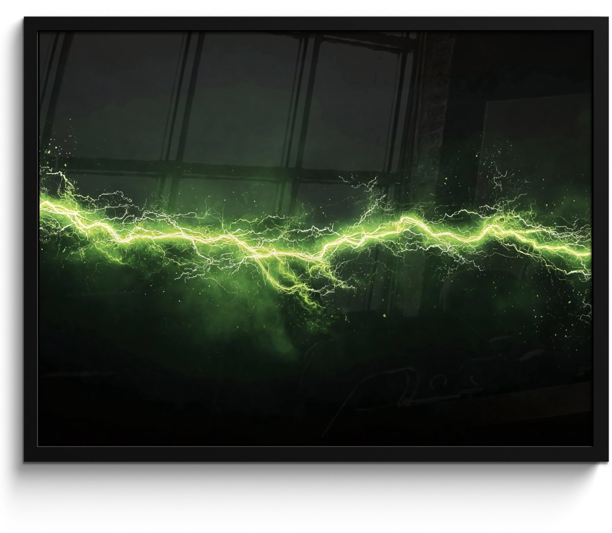 FrameYourWall Poster in lijst - Fotolijst 70x50 cm - Posters - Gaming - Elektriciteit - Lijn - Vonken - Groen - Posterlijst zwart - Decoratie - Wanddecoratie woonkamer - Muurdecoratie slaapkamer