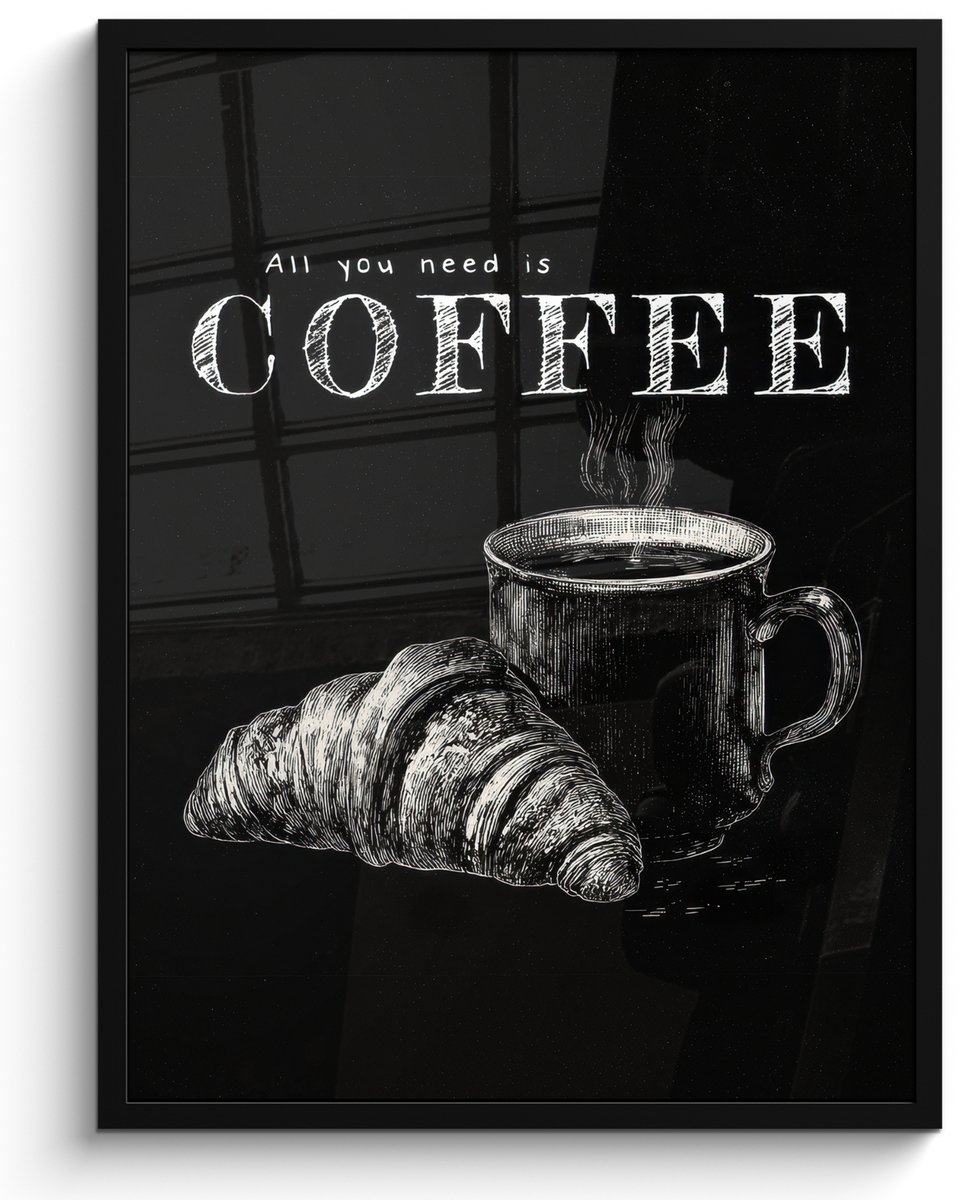 FrameYourWall Poster in lijst - Fotolijst 50x70 cm - Posters - Koffie - Croissant - Tekst - Posterlijst zwart - Decoratie - Wanddecoratie woonkamer - Muurdecoratie slaapkamer