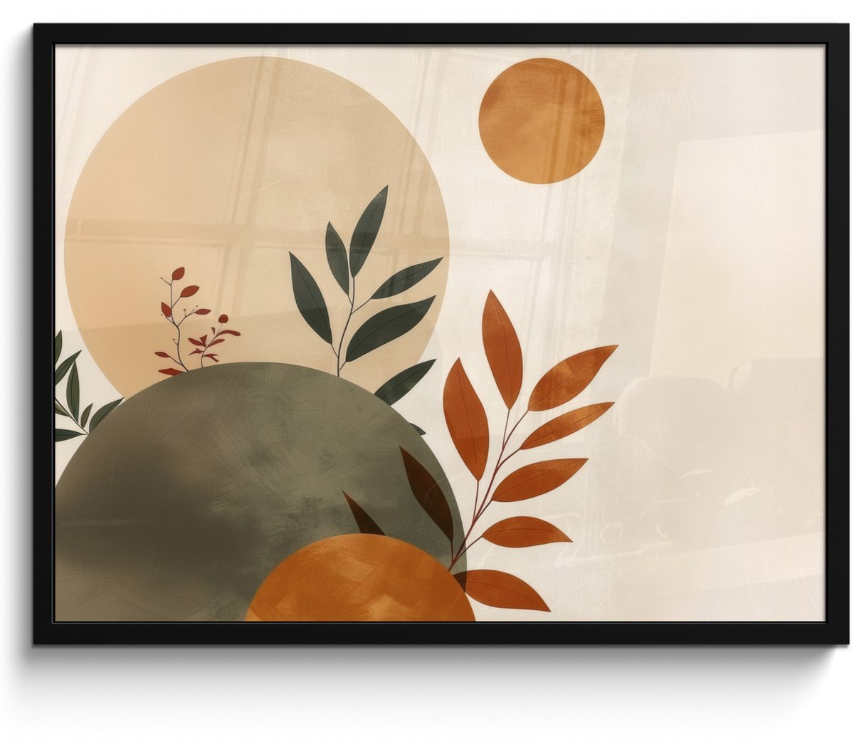 FrameYourWall Poster in lijst - Fotolijst 70x50 cm - Posters - Vormen - Rond - Bladeren - Beige - Posterlijst zwart - Decoratie - Wanddecoratie woonkamer - Muurdecoratie slaapkamer Bladeren - Vorm - Abstract