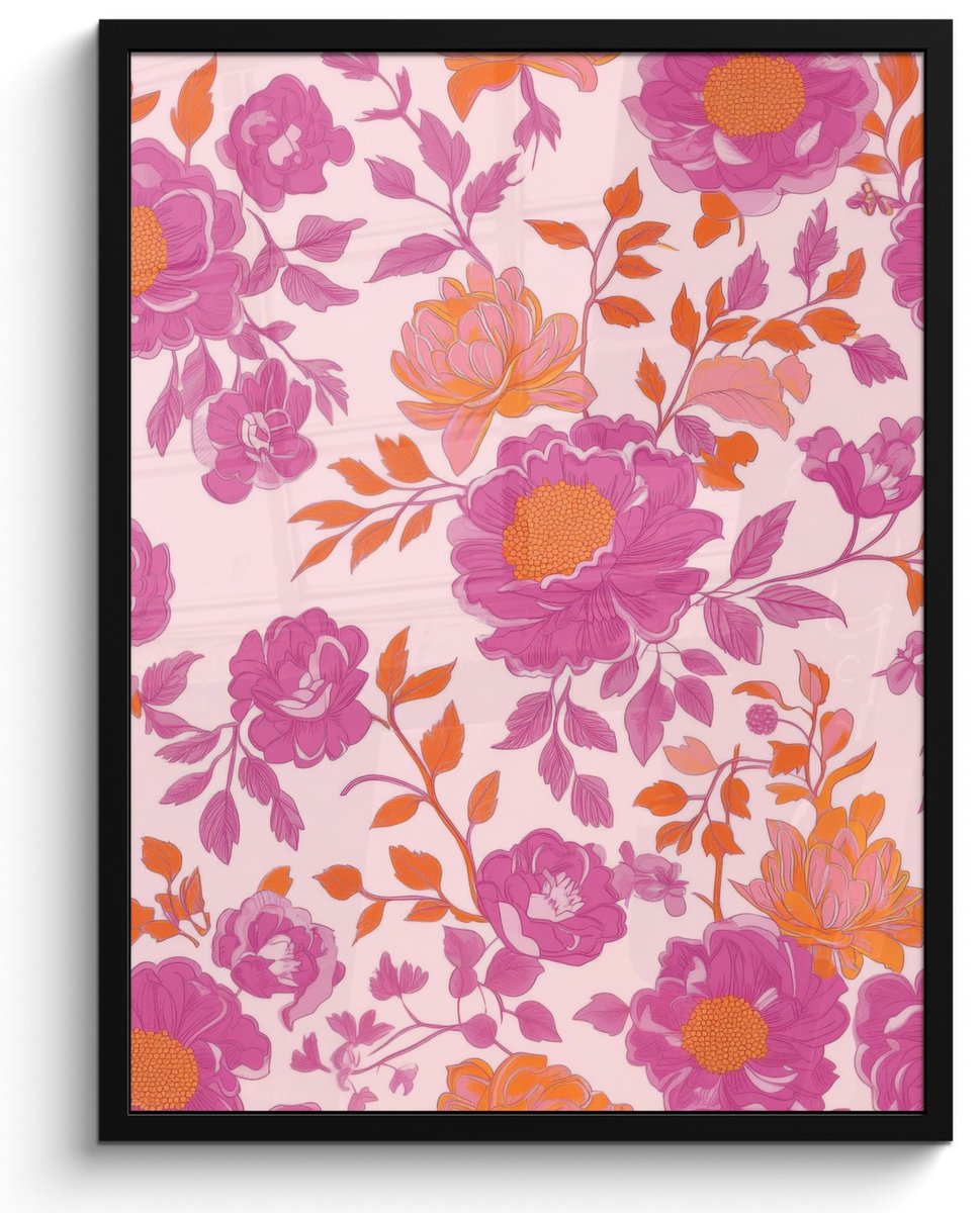 FrameYourWall Poster in lijst - Fotolijst 50x70 cm - Posters - Bloemenpatroon - Roze - Oranje - Bloemen - Posterlijst zwart - Decoratie - Wanddecoratie woonkamer - Muurdecoratie slaapkamer