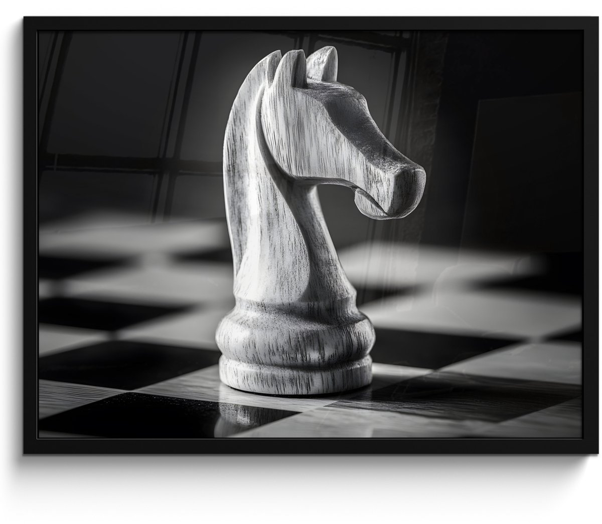 FrameYourWall Poster in lijst - Fotolijst 70x50 cm - Posters - Paard - Hout - Schaalbord - Zwart - Posterlijst zwart - Decoratie - Wanddecoratie woonkamer - Muurdecoratie slaapkamer Paard - Schaakbord