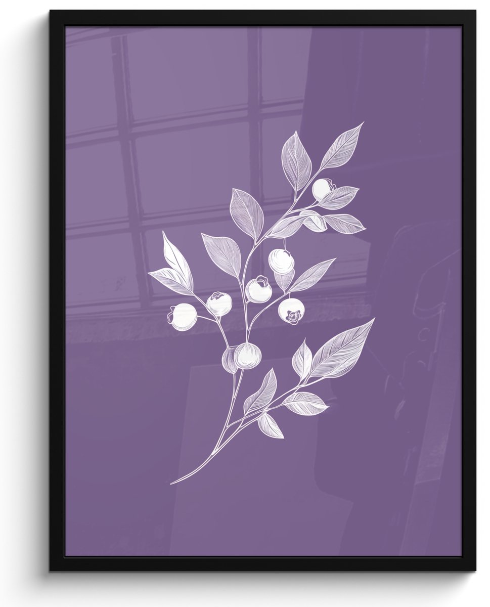 FrameYourWall Poster in lijst - Fotolijst 50x70 cm - Posters - Tak - Sierlijk - Bladeren - Minimalistisch - Posterlijst zwart - Decoratie - Wanddecoratie woonkamer - Muurdecoratie slaapkamer Bosbessen