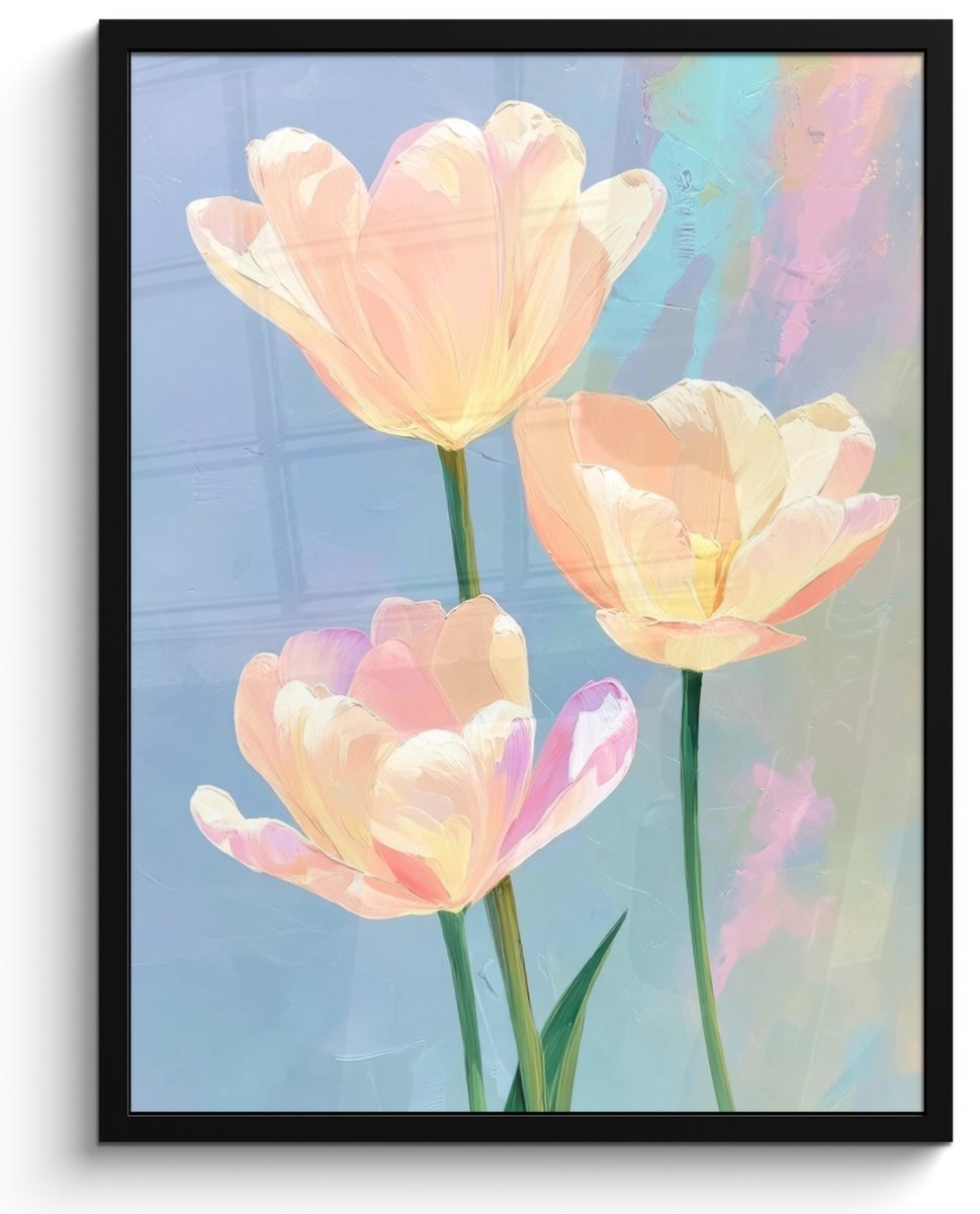 FrameYourWall Poster in lijst - Fotolijst 50x70 cm - Posters - Tulpen - Roze accenten - Blauw - Posterlijst zwart - Decoratie - Wanddecoratie woonkamer - Muurdecoratie slaapkamer