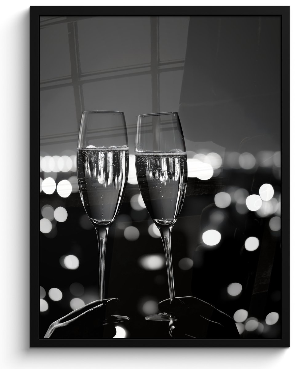 FrameYourWall Fotolijst inclusief poster - Posterlijst 50x70 cm - Posters - Bubbels - Proosten - Champagneglazen - Stadslichten - Foto in lijst - Keuken decoratie muur - Wanddecoratie accessoires - Muurdecoratie - Schilderijen