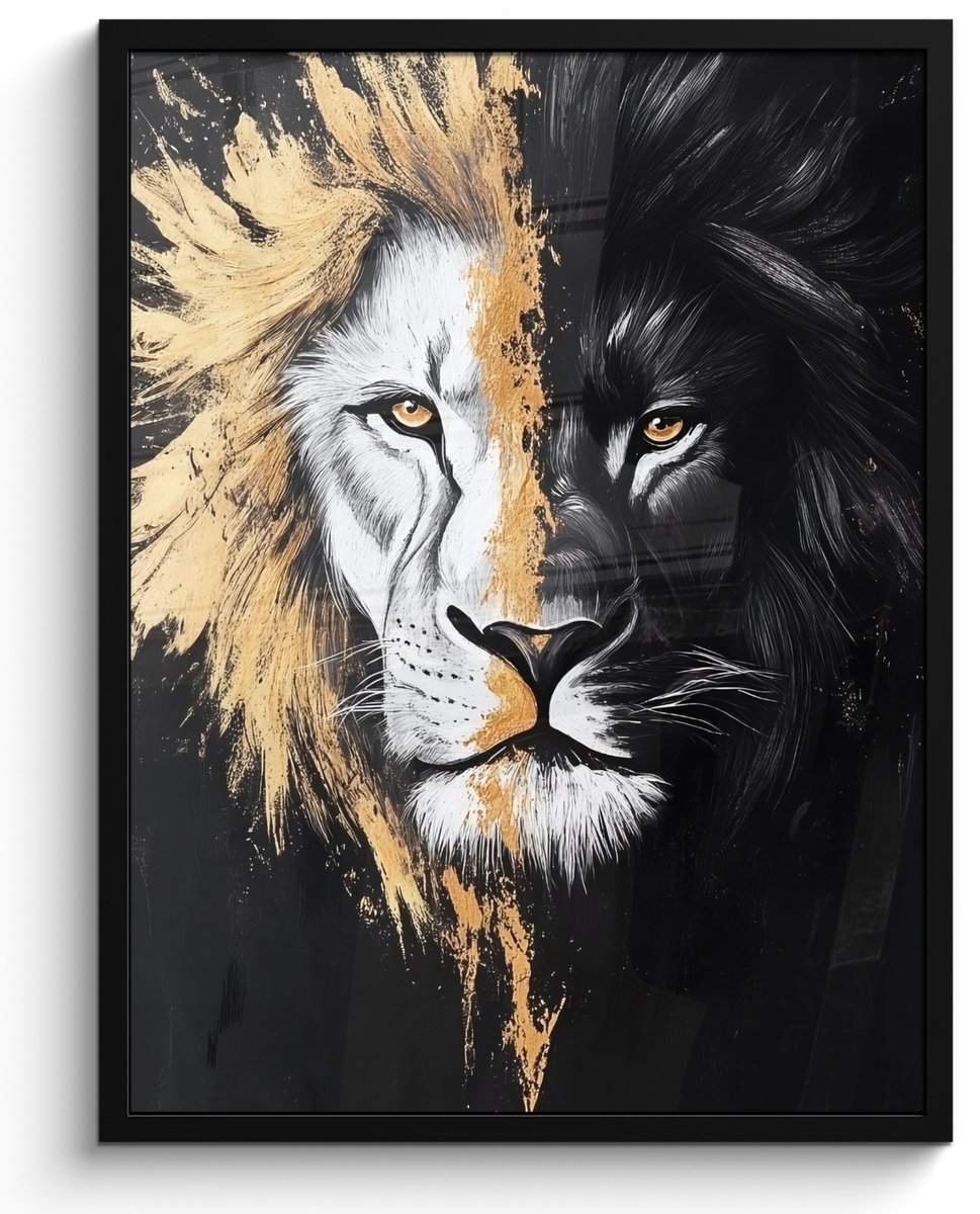 FrameYourWall Poster in lijst - Fotolijst 50x70 cm - Posters - Leeuw - Gesplitst - Zwart - Lijn - Posterlijst zwart - Decoratie - Wanddecoratie woonkamer - Muurdecoratie slaapkamer Leeuw - Portret