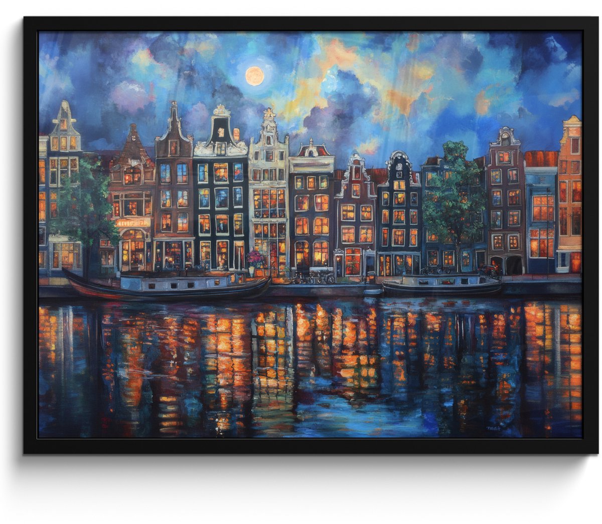 FrameYourWall Poster in lijst - Fotolijst 70x50 cm - Posters - Grachten Amsterdam - Huizen - Stad - Kleurrijk - Posterlijst zwart - Decoratie - Wanddecoratie woonkamer - Muurdecoratie slaapkamer Grachten - Huizen