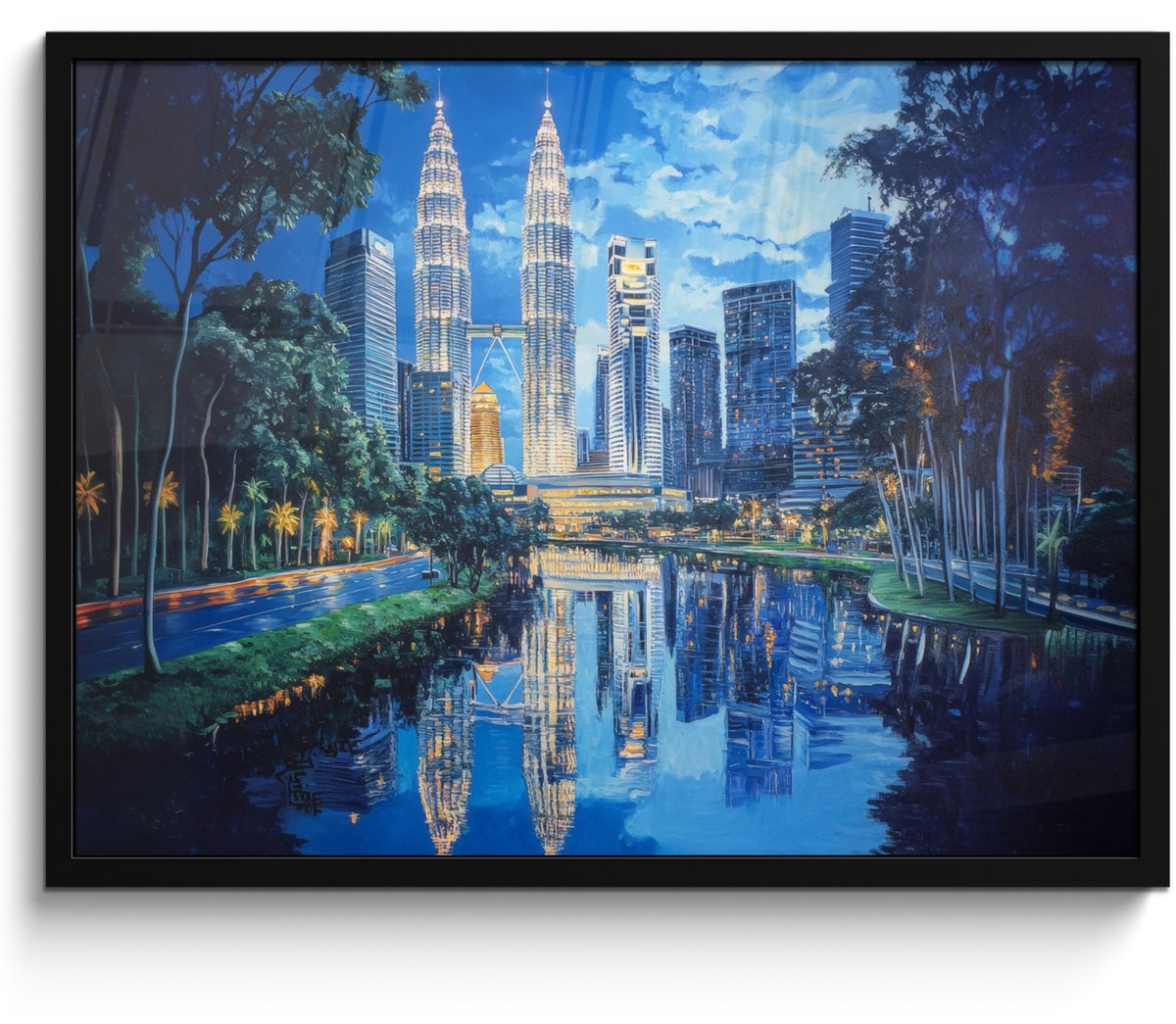 FrameYourWall Poster in lijst - Fotolijst 70x50 cm - Posters - Stad Kuala Lumpur - Skyline - Wolkenkrabbers - Water - Posterlijst zwart - Decoratie - Wanddecoratie woonkamer - Muurdecoratie slaapkamer Stad - Skyline