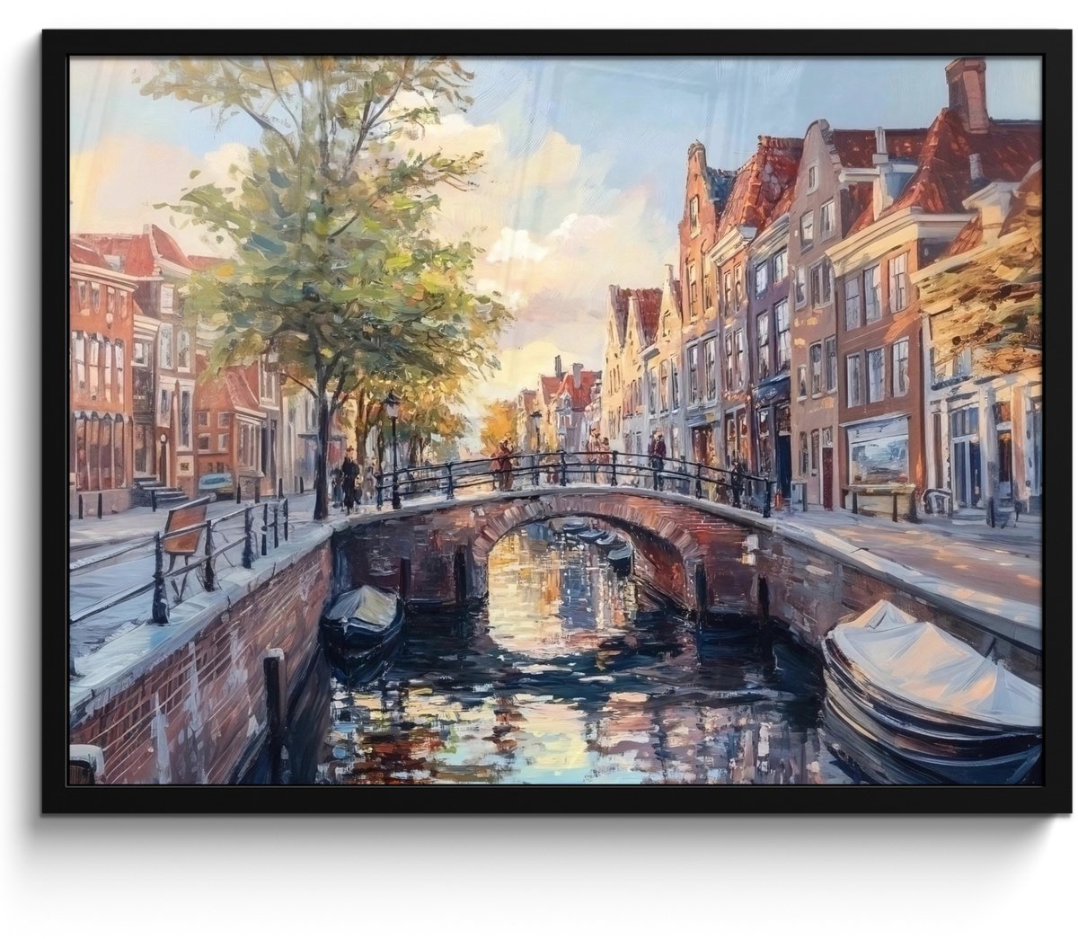 FrameYourWall Poster in lijst - Fotolijst 70x50 cm - Posters - Brug - Stad - Huizen - Boot - Posterlijst zwart - Decoratie - Wanddecoratie woonkamer - Muurdecoratie slaapkamer Brug - Stad - Gracht