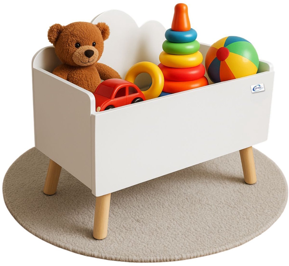 Coemo Speelgoedkist Wit Kinderkamer LILO 28x58x44 cm – Opbergdoos met wolkdesign, stevige MDF-constructie, houten poten, Scandinavisch design, afgeronde hoeken, gemakkelijk schoon te maken