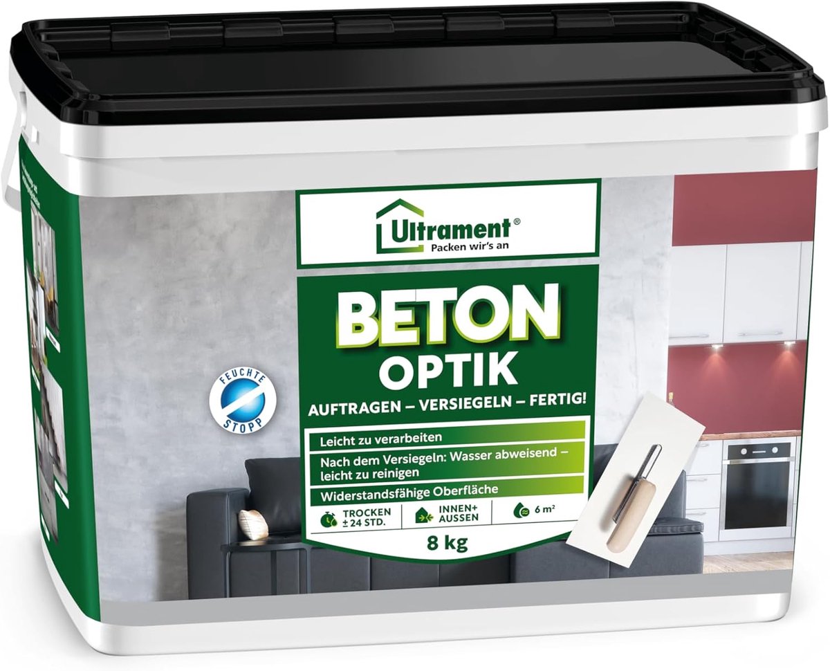 Ultrament betonlook poedervuller 8 kg, betongrijs | Modern wandontwerp met betonlook voor binnen- en buitengebruik | Weerbestendig, vorstbestendig en UV-bestendig
