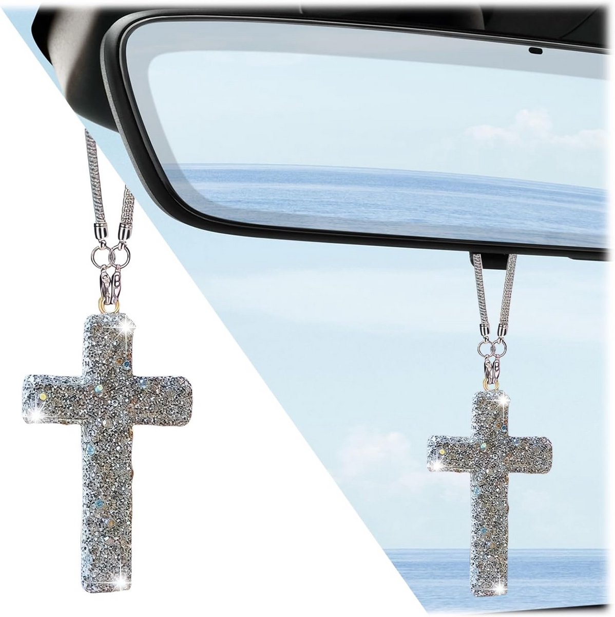 Kruis Hanger voor Autospiegel – Dubbelzijdig Strass Kristal Ornament met Glanzende Steentjes, Auto Decoratie voor Dames en Heren