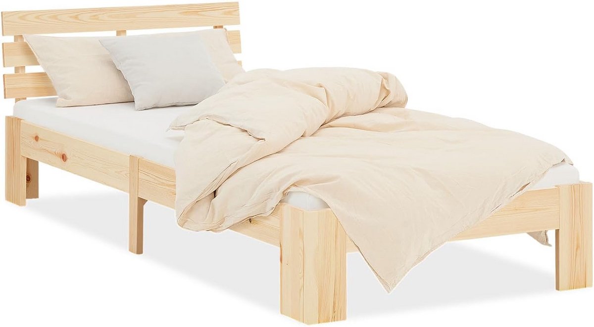 Eenpersoonsbed 90x200 cm massief grenenhout met lattenbodem, natuurlijk houten bedframe voor kinderen en volwassenen