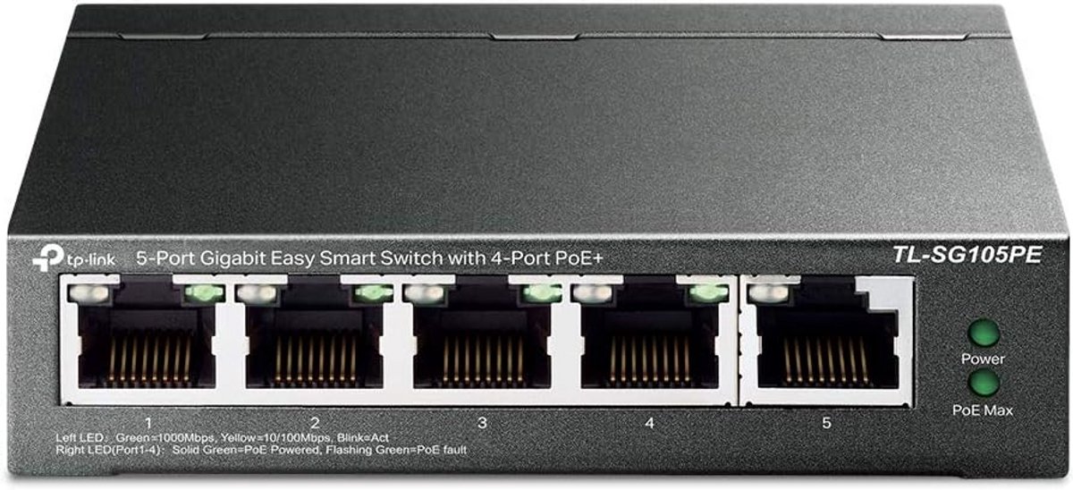 5-poorts Gigabit PoE+ Switch met 4 gestroomde poorten, 65W budget, QoS, VLAN en IGMP Snooping