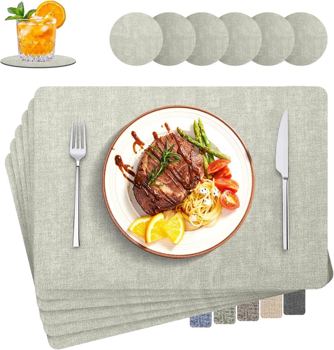 Set van 6 Rechthoekige Placemats van Faux Linnen en Lederlook - Hittebestendig & Antislip