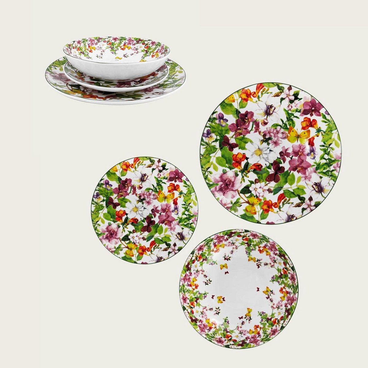 Lente Porcelain Plate Set - 18 stuks (6 Diep, 6 Dessert, 6 Lepels)
