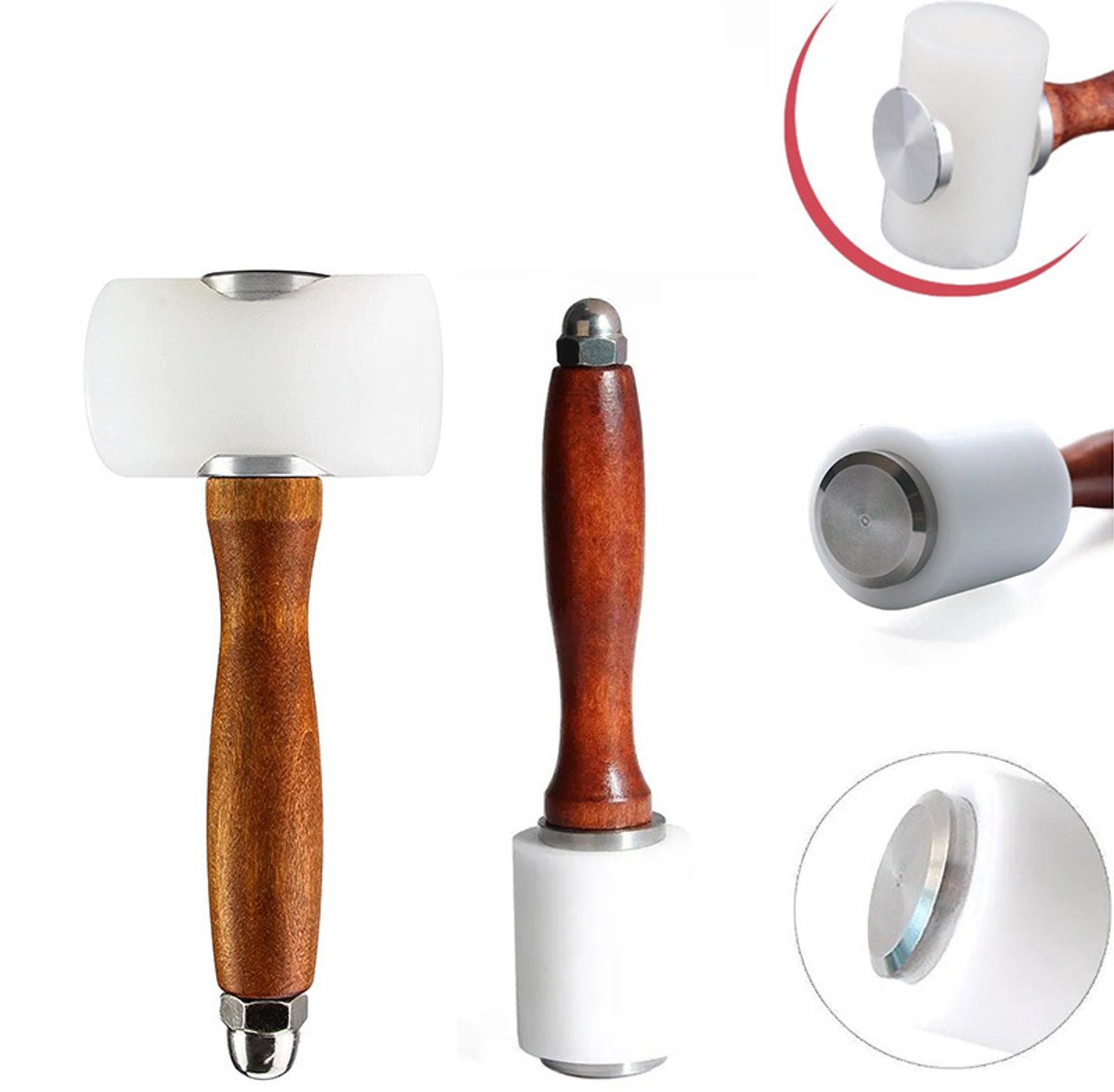 2-delige set leersnijhamers, lederbewerkingshamer, hamer met nylon houten handvat, hamer voor doe-het-zelf leerbewerking, stempelen en naaien