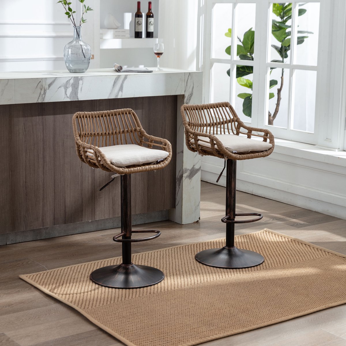 REDOM - Barkrukken Set Van 2 - Draaibaar En In Hoogte Verstelbaar - Retro - Voor Keuken - Linnen En PE-Rotan - Beige