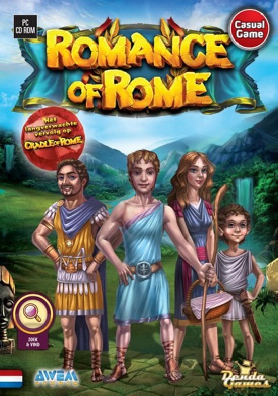 Gamehoes Romance of Rome met vier Romeinse figuren in tunieken, een banner en de tekst "Het langverwachte vervolg op CRADLE OF ROME".