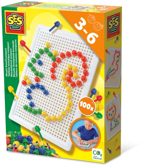 SES - Tableau mosaïque - Montessori - compact - avec 100 épingles colorées en 4 couleurs - réutilisable
