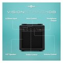 Zwarte 10W versterker met 4.5" speaker, 6.35mm input, bass, treble, volume regeling en hoofdtelefoonuitgang.