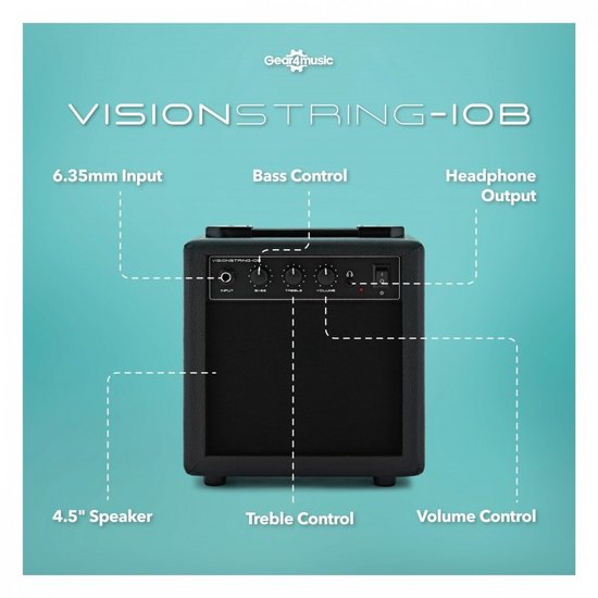 Zwarte 10W versterker met 4.5" speaker, 6.35mm input, bass, treble, volume regeling en hoofdtelefoonuitgang.