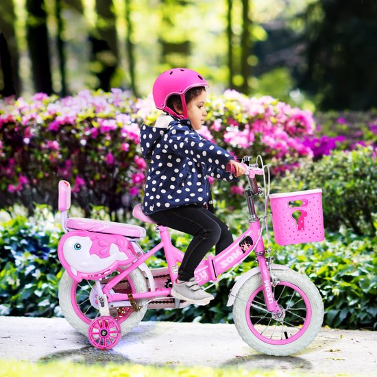 Meisjesfiets met Zijwieltjes - 16 Inch Kinderfiets voor Meisjes van 2-12 Jaar (100-120 cm) - Inclusief Mandje & Poppenstoeltje - Opvouwbaar & Verstelbaar - Roze — afbeelding 2