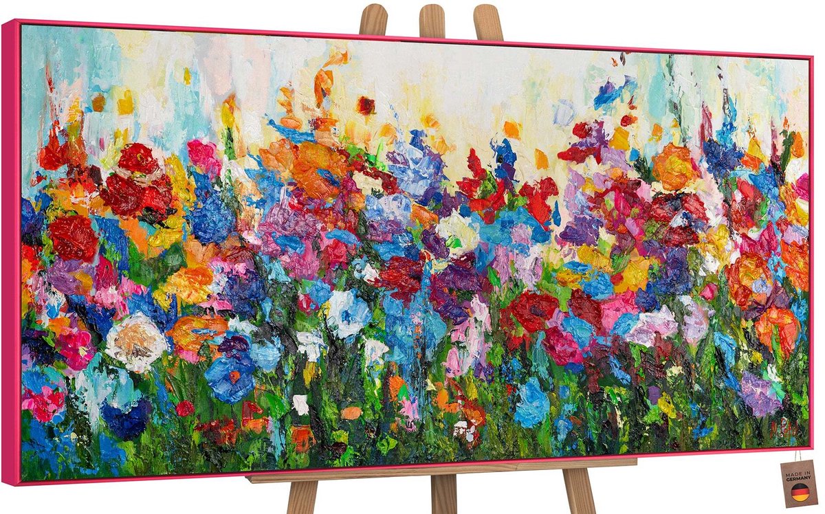 YS Canvas schilderij groot handgeschilderd bloemenkleuren botanisch uitbundig – YS-Art Gallery – Vrolijke wanddecoratie voor woonkamer – Modern schilderij voor slaapkamer en hal Pink