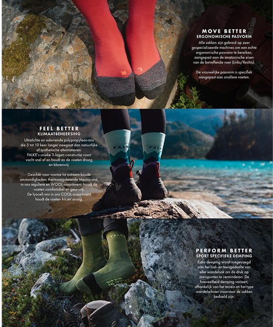 Collage de chaussettes de sport FALKE: chaussettes thermiques rouges, chaussettes turquoise à régulation climatique et chaussettes vertes.