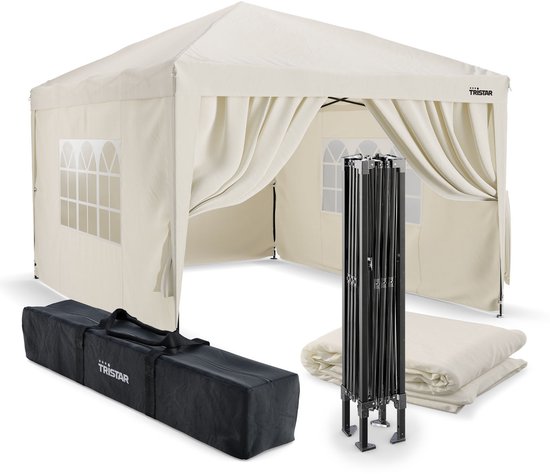 Tristar Partytent 3x3m - PT-7803 - Easy Up - Met Zijwanden - Waterdicht - inclusief Draagtas - Paviljoen - Opvouwbaar - Beige