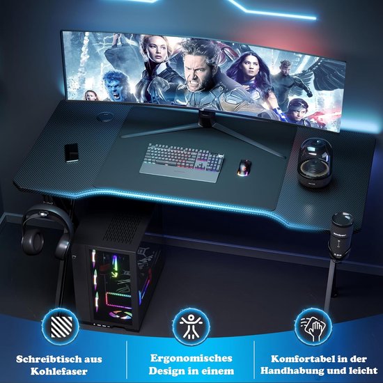 Ergonomisch Gaming Bureau met Koolstofvezel Oppervlak, Bekerhouder en Headsethaak van Merkloos — afbeelding 3