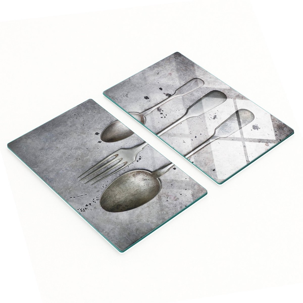 Set van gehard glazen snijplanken met afbeeldingen en bestek, 2x30x52 cm