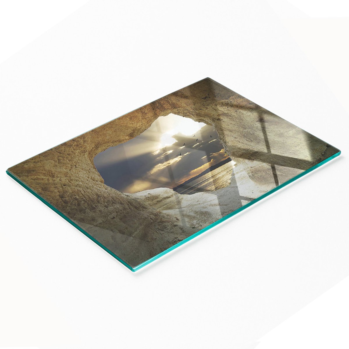 Glazen serveerplank met afbeelding van een zeegrot, 80x52 cm