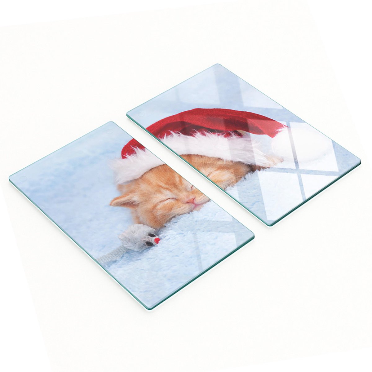 Set van twee glazen snijplanken met katten- en kerstmanmotief, 2x30x52 cm